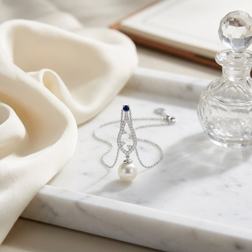 Akoya Pearl Sapphire & Diamond Drop Pendant 1/5ctw 18-in Adj Cable Ch in 14K White Gold - lifestyle