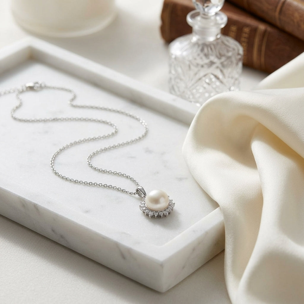 Akoya Pearl & Diamond Circle Pendant 1/5ctw 18-in Adj Rolo Chain in 14K White Gold - lifestyle