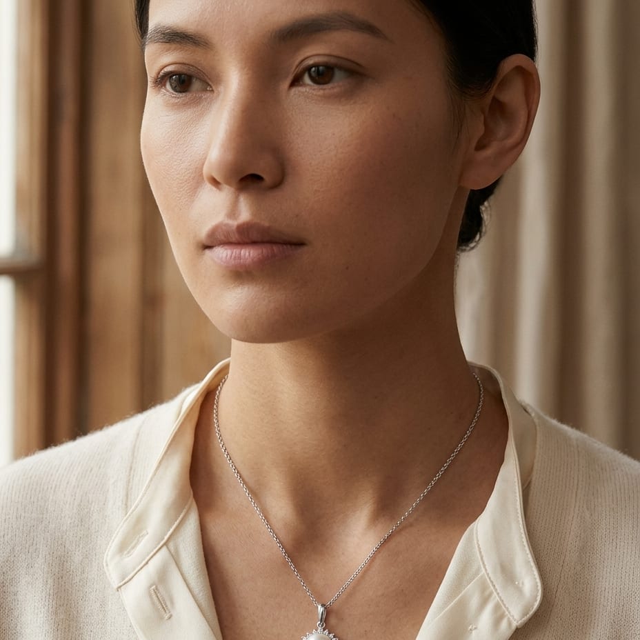 Akoya Pearl & Diamond Circle Pendant 1/5ctw 18-in Adj Rolo Chain in 14K White Gold - editorial