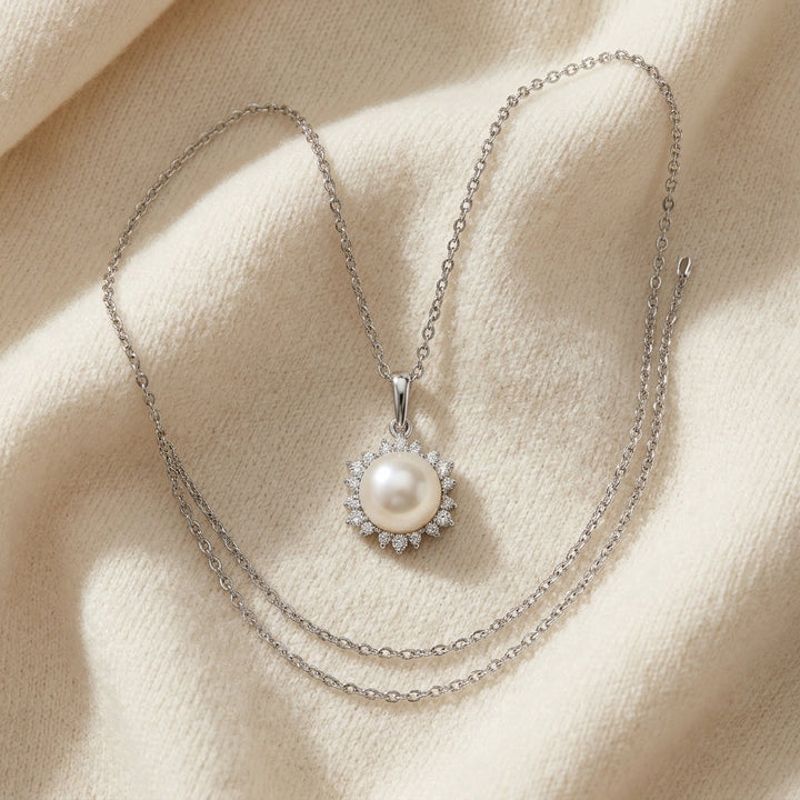 Akoya Pearl & Diamond Circle Pendant 1/5ctw 18-in Adj Rolo Chain in 14K White Gold - flat lay