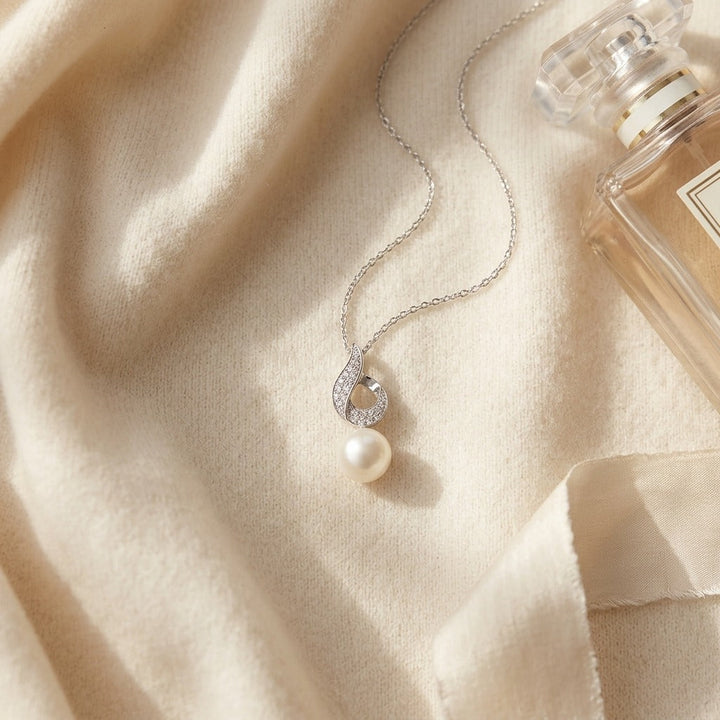 Freshwater Pearl & Diamond Pendant 0.07ctw in 14K White Gold - flat lay
