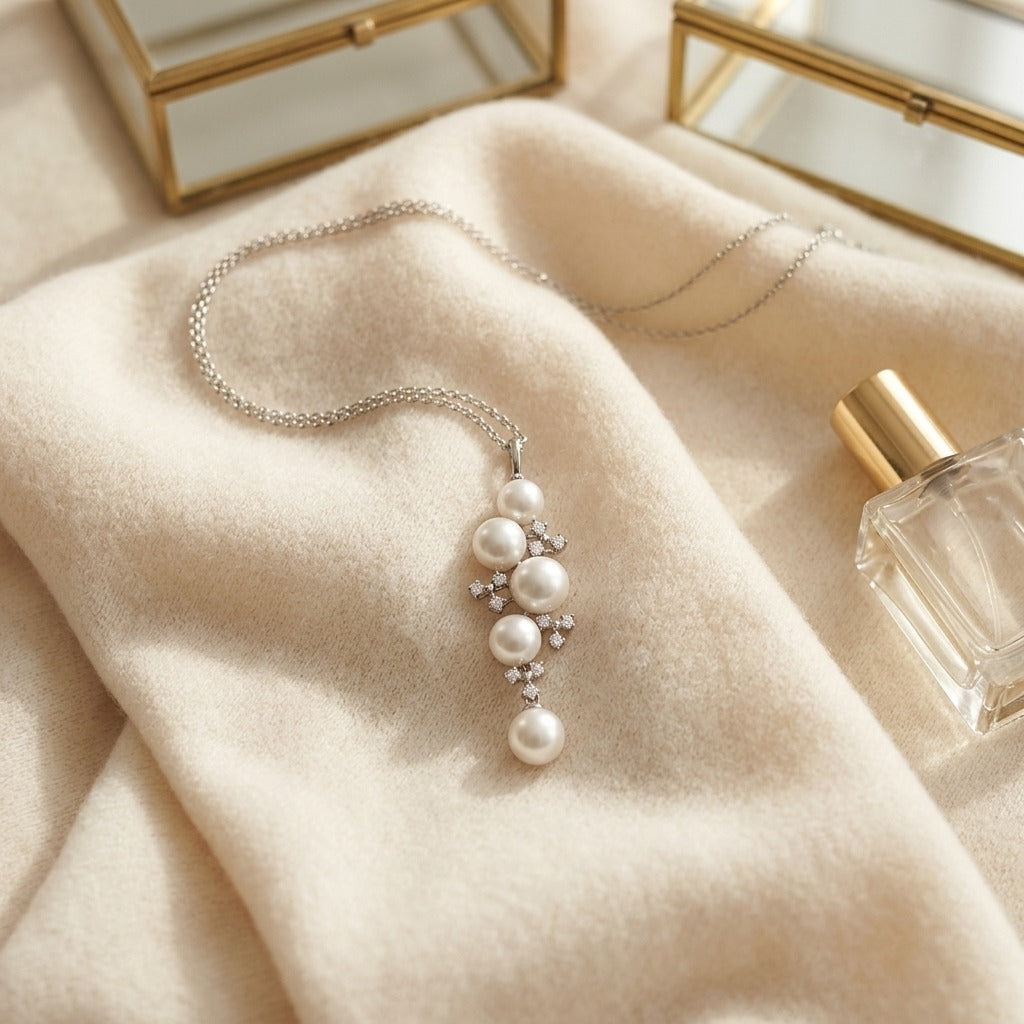 Freshwater Pearl & Diamond Pendant 0.15ctw in 14K White Gold - flat lay