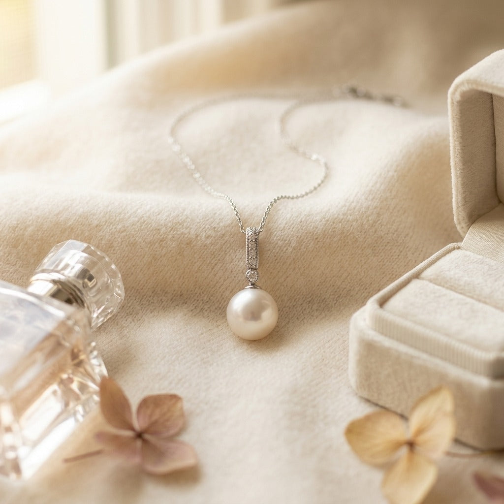 Akoya Pearl & Diamond Pendant 0.06ctw 18 Inch Box Chain in 14K White Gold - flat lay