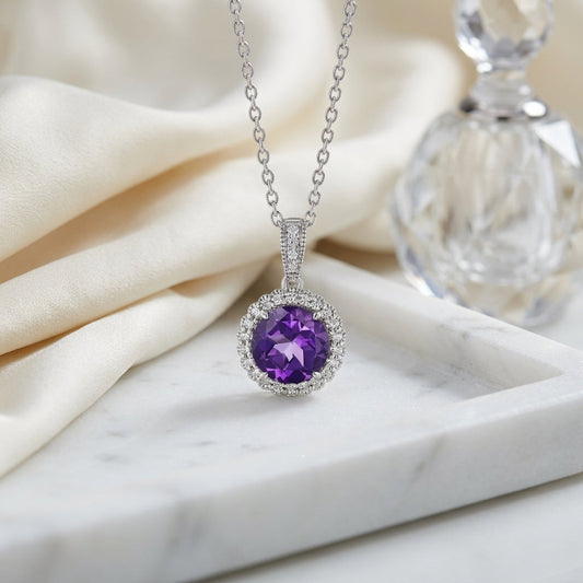 Amethyst & Diamond Round Halo Pendant 1/6ctw Adjustable 16-18 Inch Chain in 14K White Gold - editorial