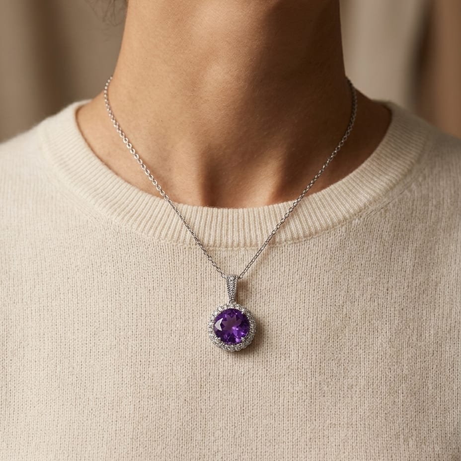 Amethyst & Diamond Round Halo Pendant 1/6ctw Adjustable 16-18 Inch Chain in 14K White Gold - lifestyle