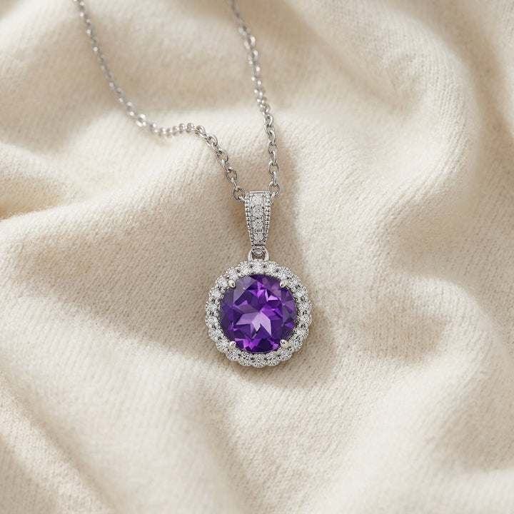 Amethyst & Diamond Round Halo Pendant 1/6ctw Adjustable 16-18 Inch Chain in 14K White Gold - flat lay