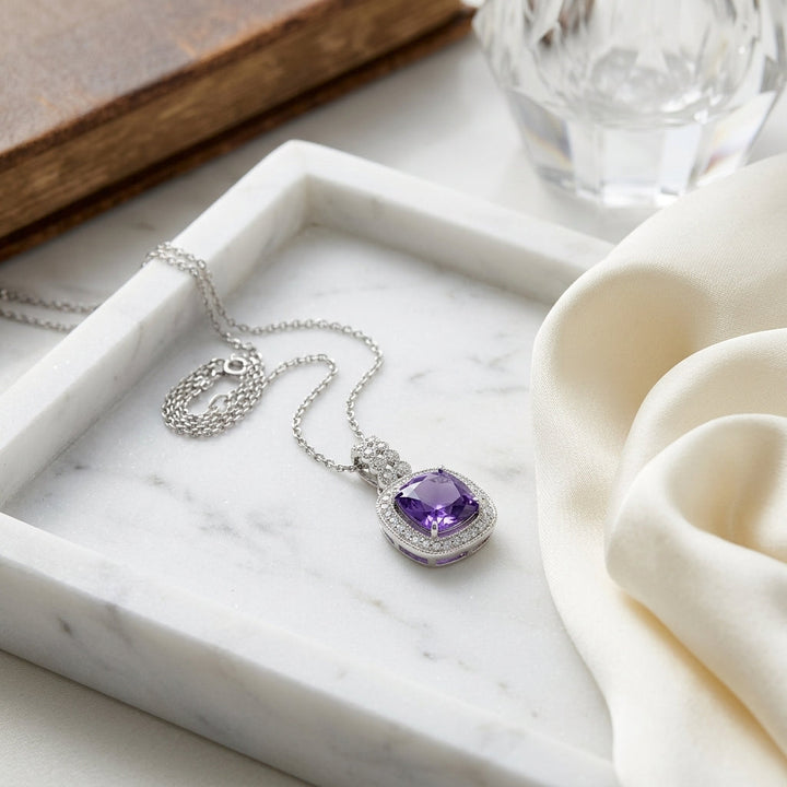 Tanzanite Cushion Halo Diamond Pendant 1/5ctw in 14K White Gold - lifestyle