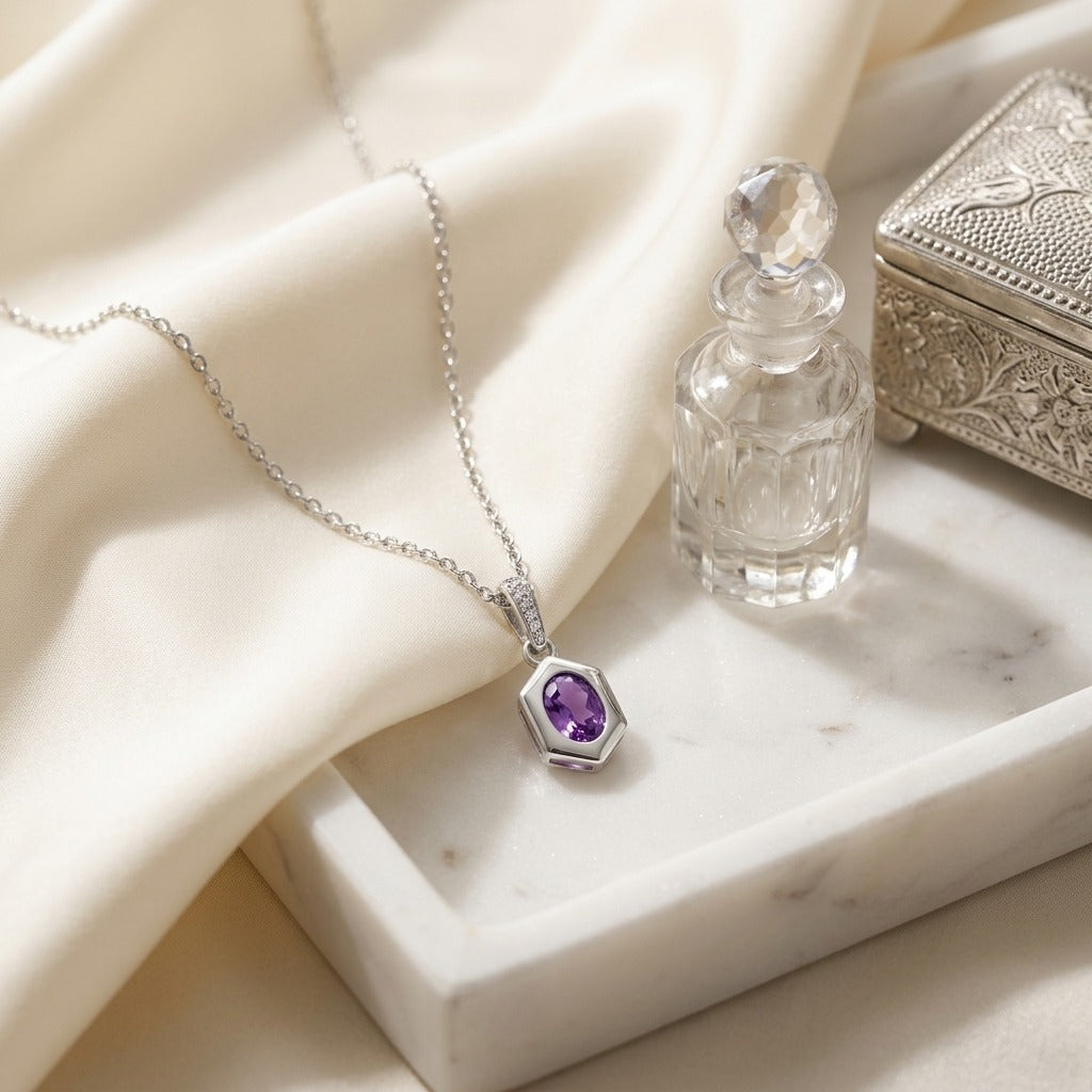 Oval Amethyst Pendant 0.70ct & 0.028ctw Diamond Set 16-18 Adj Chain in 14K White Gold - editorial