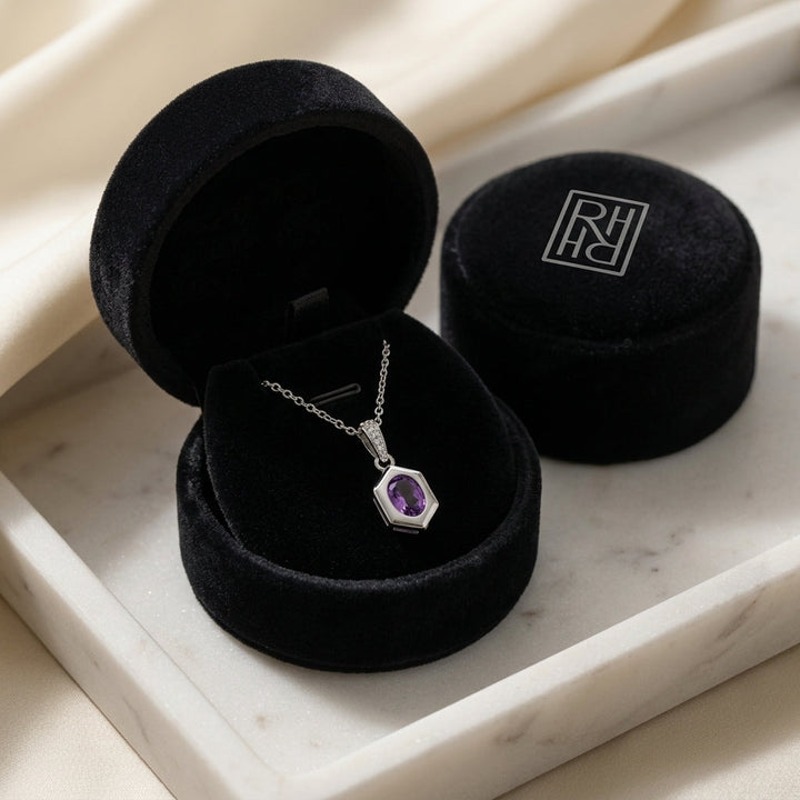 Oval Amethyst Pendant 0.70ct & 0.028ctw Diamond Set 16-18 Adj Chain in 14K White Gold - presentation