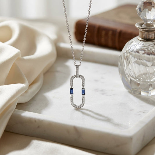 Sapphire & Diamond Flexible Paperclip Pendant 1/5ctw in 14K White Gold - editorial