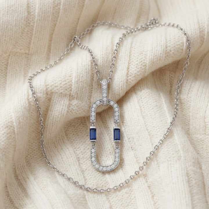 Sapphire & Diamond Flexible Paperclip Pendant 1/5ctw in 14K White Gold - flat lay