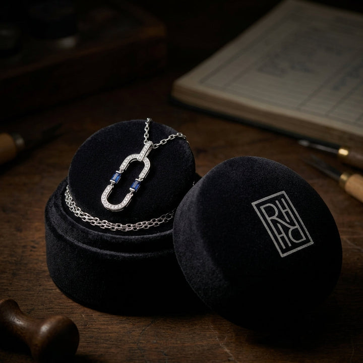 Sapphire & Diamond Flexible Paperclip Pendant 1/5ctw in 14K White Gold - presentation
