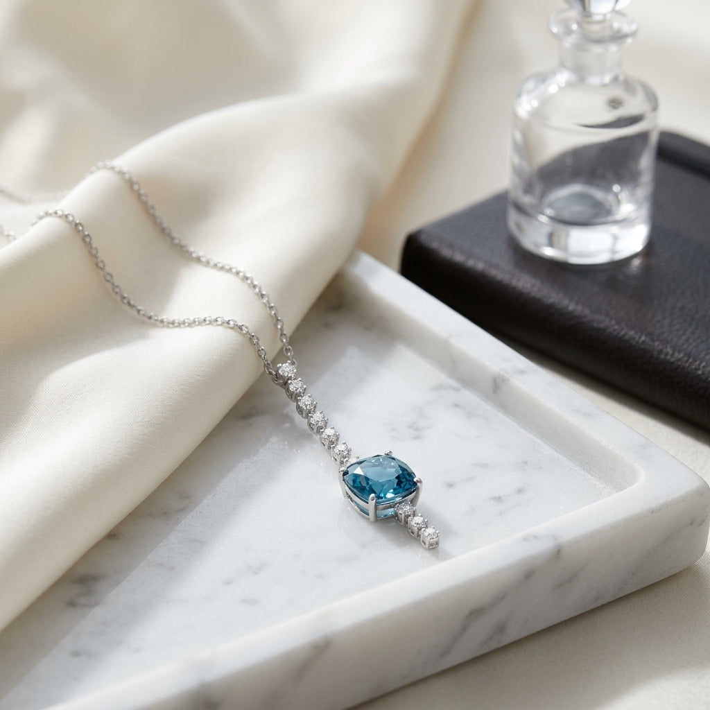 London Blue Topaz & Diamond Stick Pendant 1/5ctw in 14K White Gold - editorial