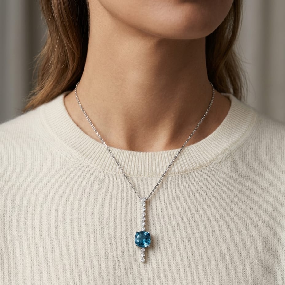London Blue Topaz & Diamond Stick Pendant 1/5ctw in 14K White Gold - lifestyle