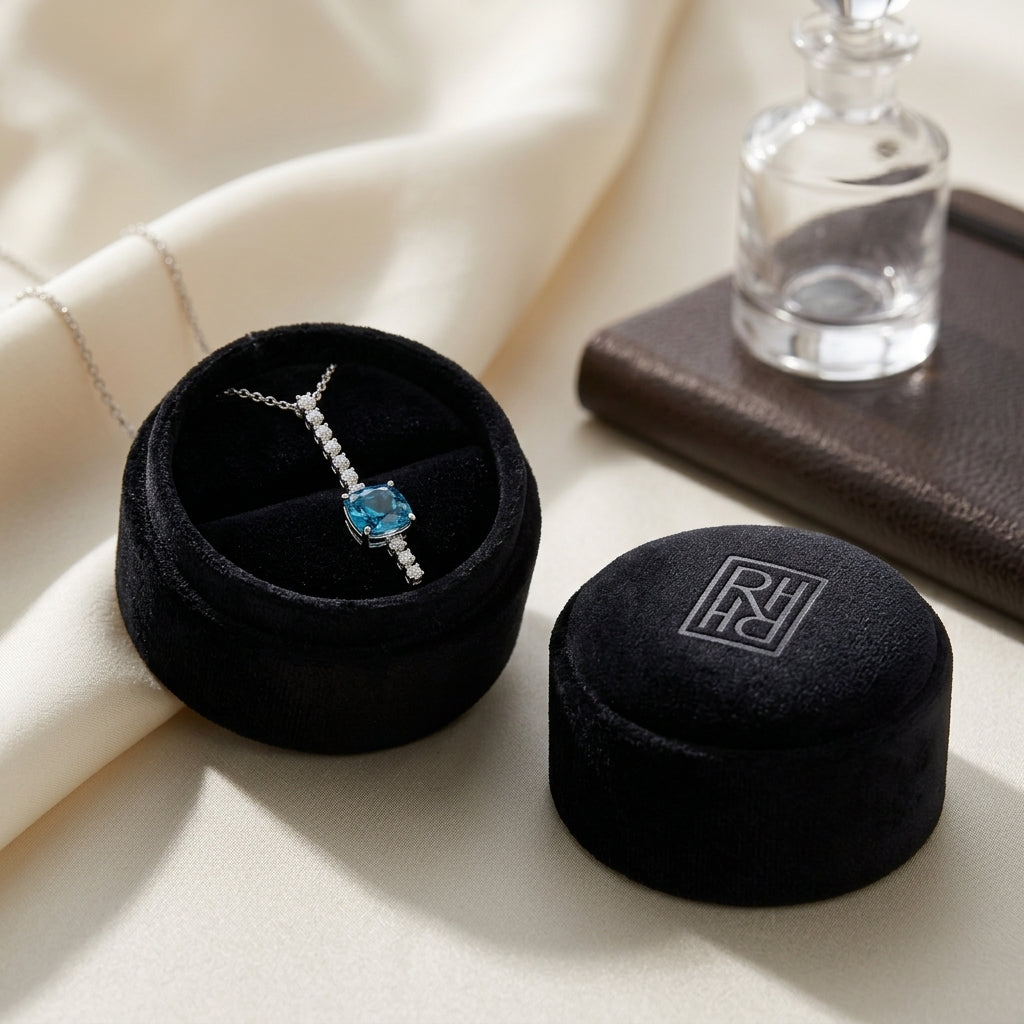 London Blue Topaz & Diamond Stick Pendant 1/5ctw in 14K White Gold - presentation