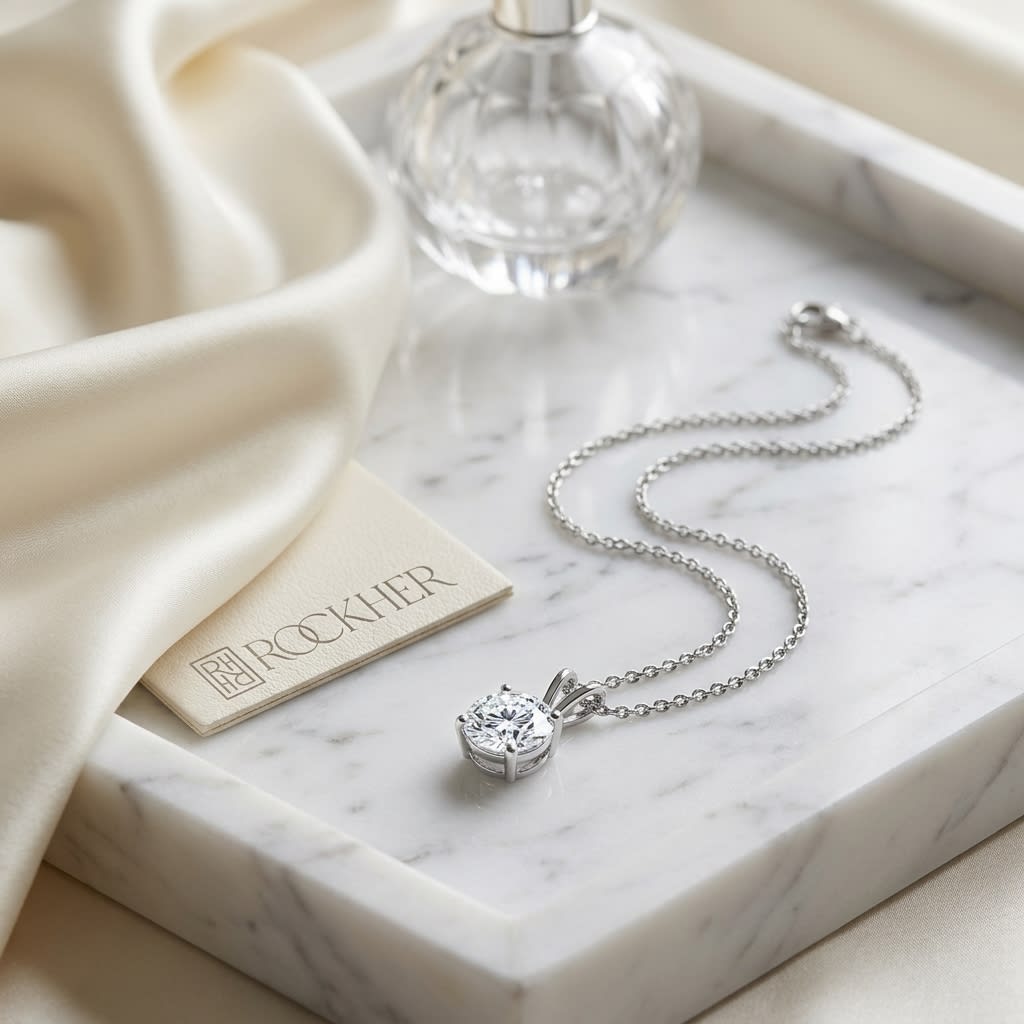 Natural Diamond Round Brilliant Solitaire Pendant in 14K White Gold, 4 ct. t.w., on marble vanity tray with silk