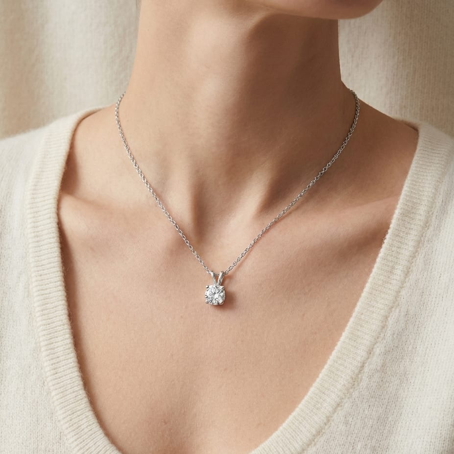 Natural Diamond Round Brilliant Solitaire Pendant in 14K White Gold, 4 ct. t.w., worn close-up portrait