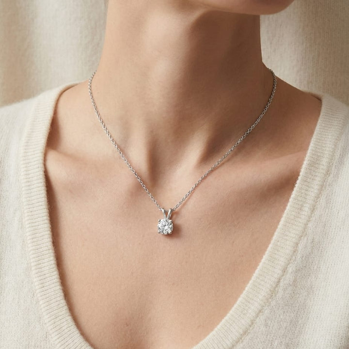 Natural Diamond Round Brilliant Solitaire Pendant in 14K White Gold, 4 ct. t.w., worn close-up portrait