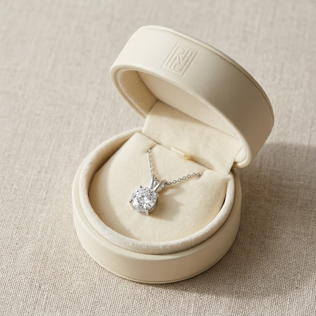Natural Diamond Round Brilliant Solitaire Pendant in 14K White Gold, 4 ct. t.w., in navy velvet jewelry box