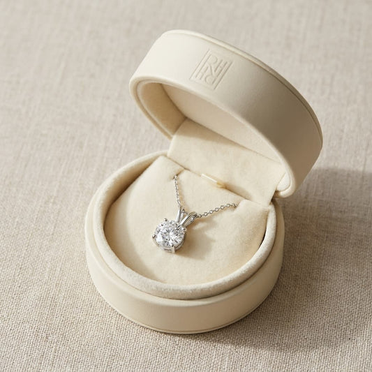Natural Diamond Round Brilliant Solitaire Pendant in 14K White Gold, 4 ct. t.w., in navy velvet jewelry box