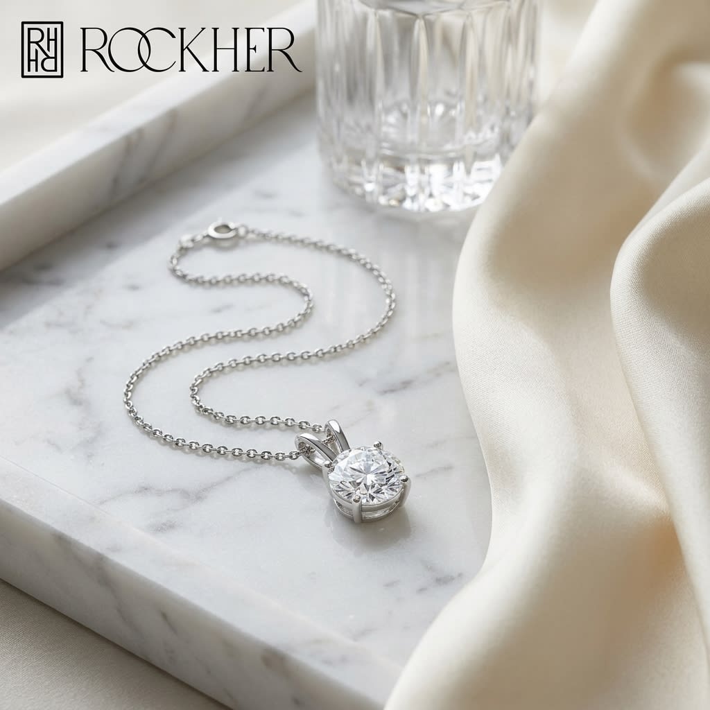 Natural Diamond Round Brilliant Solitaire Pendant in 14K White Gold, 2 ct. t.w., on marble vanity tray with silk