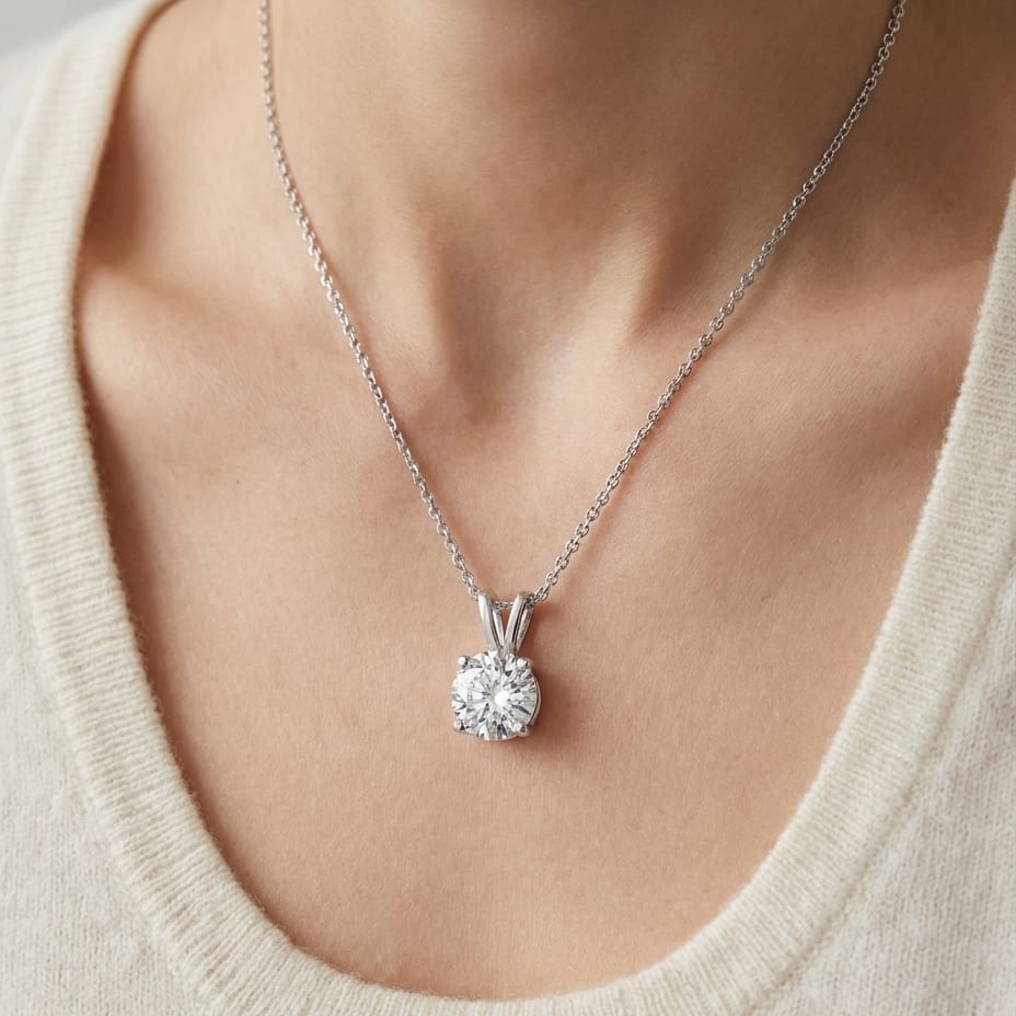 Natural Diamond Round Brilliant Solitaire Pendant in 14K White Gold, 2 ct. t.w., worn close-up portrait