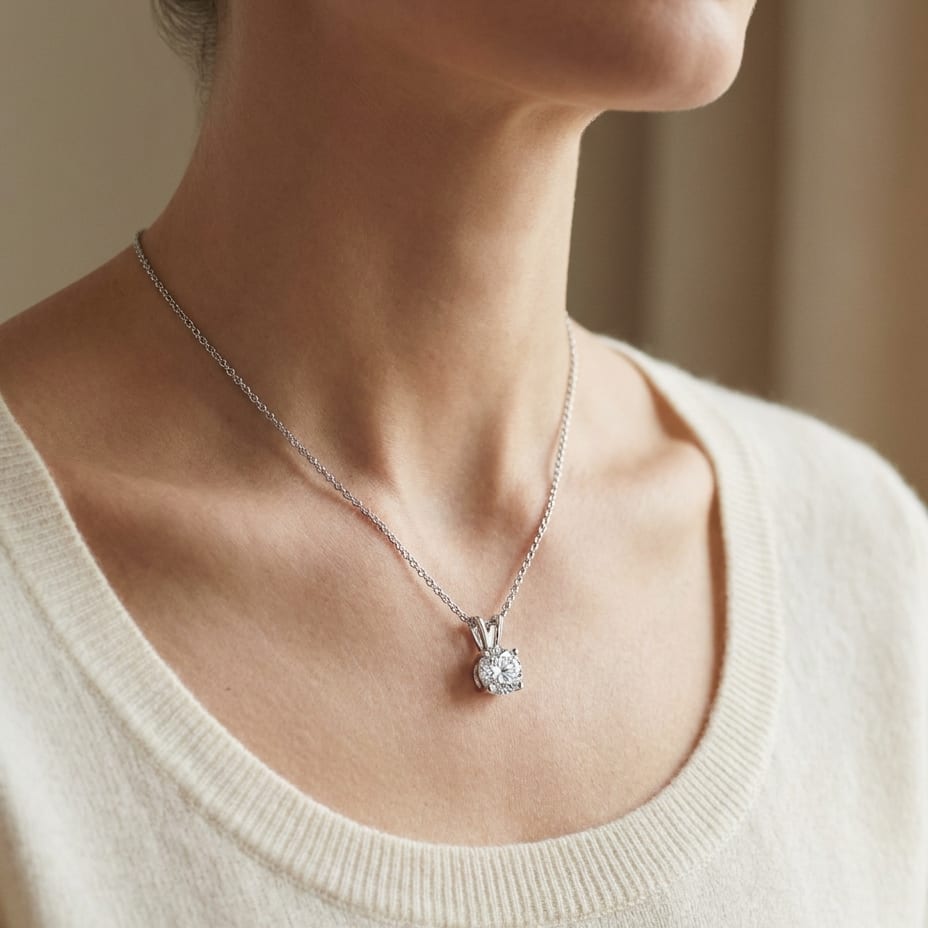 Natural Diamond Round Brilliant Solitaire Pendant in 14K White Gold, 8 ct. t.w., worn close-up portrait