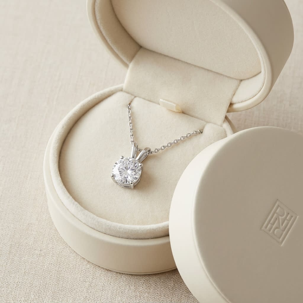 Natural Diamond Round Brilliant Solitaire Pendant in 14K White Gold, 8 ct. t.w., in navy velvet jewelry box