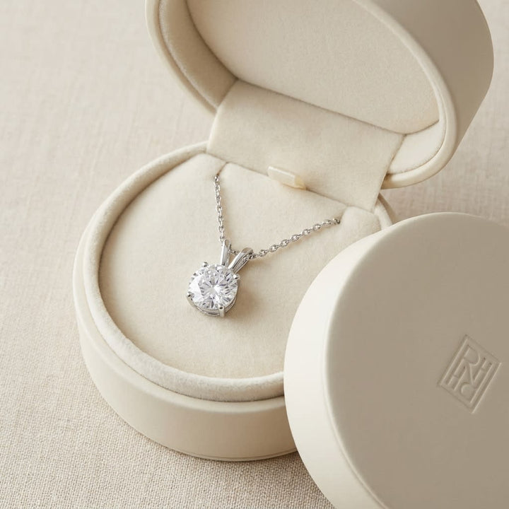 Natural Diamond Round Brilliant Solitaire Pendant in 14K White Gold, 8 ct. t.w., in navy velvet jewelry box