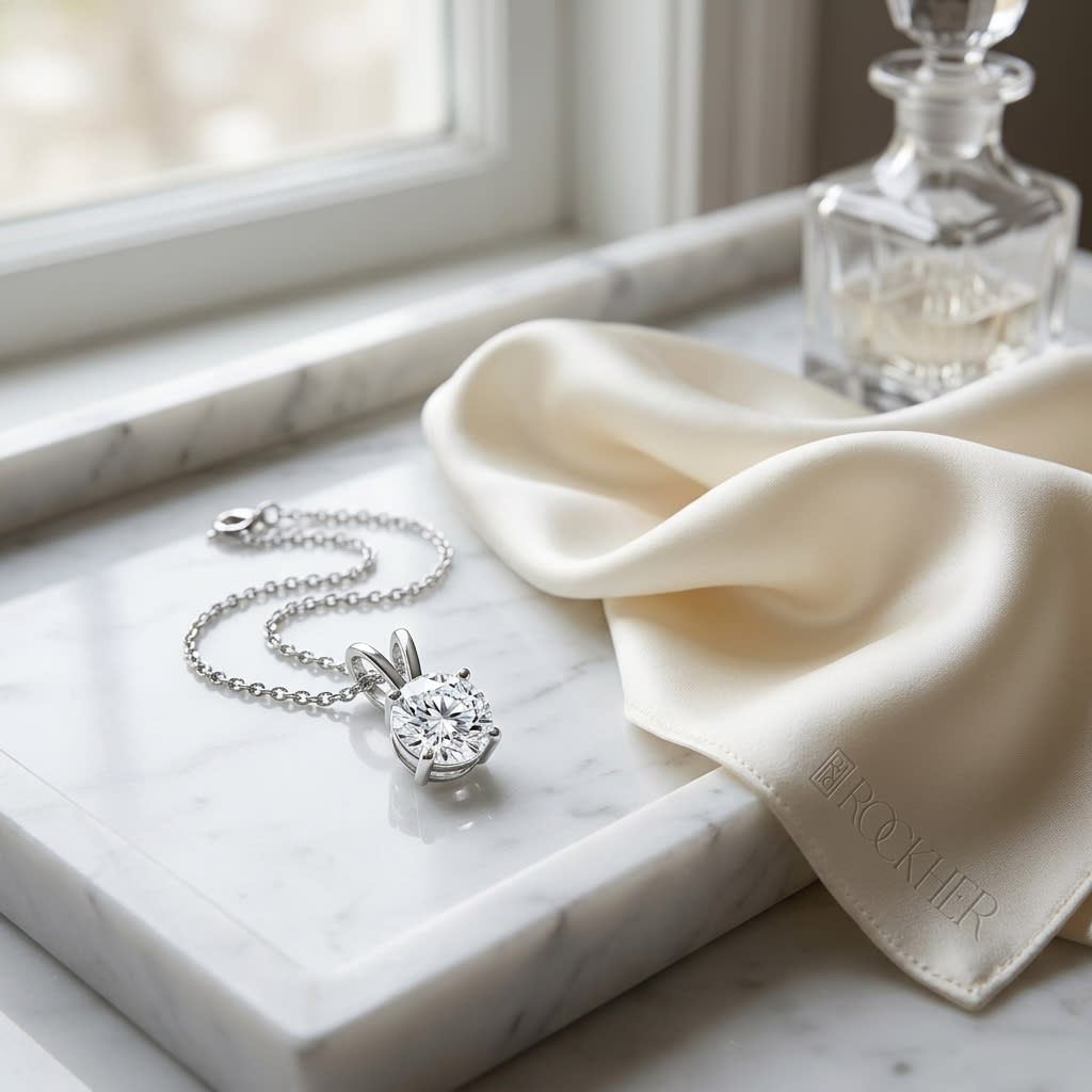 Natural Diamond Round Brilliant Solitaire Pendant in 14K White Gold, 1 ct. t.w., on marble vanity tray with silk