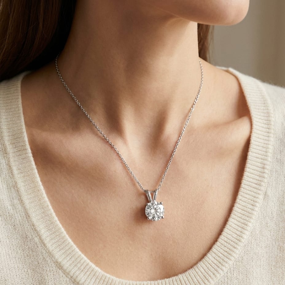 Natural Diamond Round Brilliant Solitaire Pendant in 14K White Gold, 1 ct. t.w., worn close-up portrait