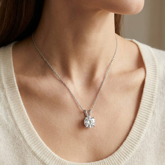 Natural Diamond Round Brilliant Solitaire Pendant in 14K White Gold, 1 ct. t.w., worn close-up portrait