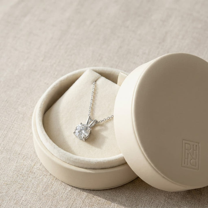 Natural Diamond Round Brilliant Solitaire Pendant in 14K White Gold, 1 ct. t.w., in navy velvet jewelry box