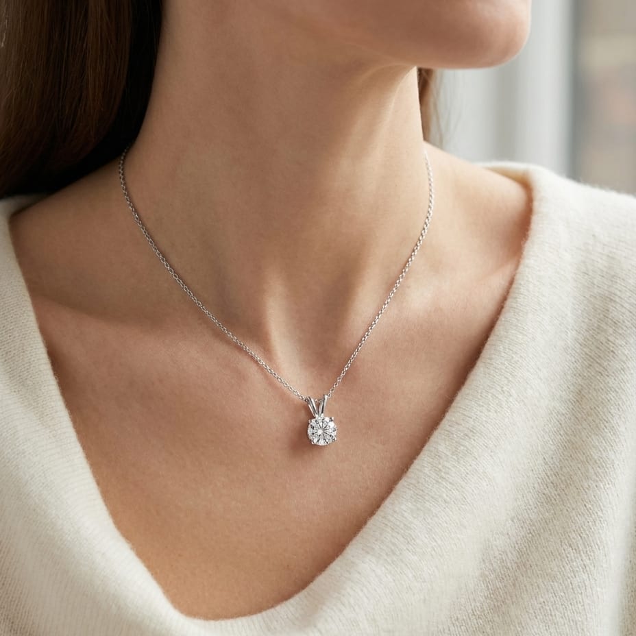 Natural Diamond Round Brilliant Solitaire Pendant in 14K White Gold, 2 ct. t.w., worn close-up portrait