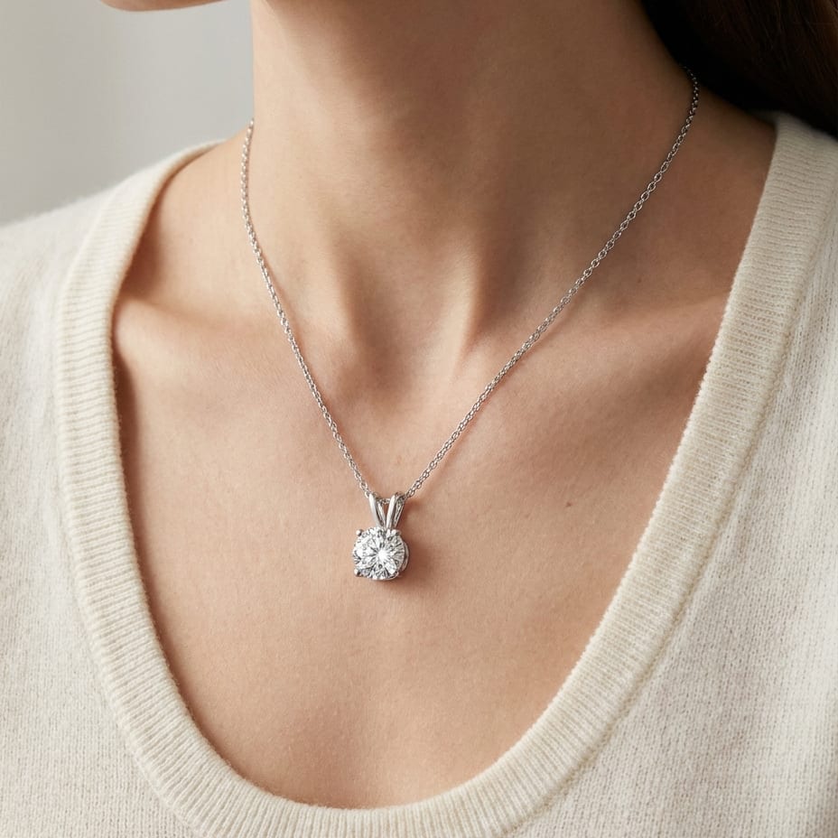 Natural Diamond Round Brilliant Solitaire Pendant in 14K White Gold, 4 ct. t.w., worn close-up portrait