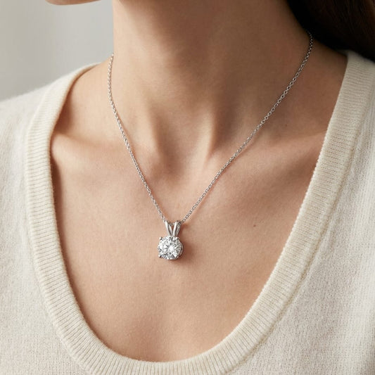 Natural Diamond Round Brilliant Solitaire Pendant in 14K White Gold, 4 ct. t.w., worn close-up portrait