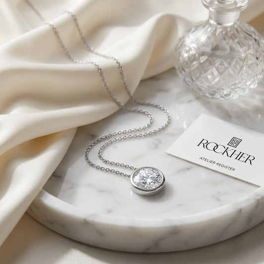 Natural Diamond Round Brilliant Solitaire Pendant in 14K White Gold, 4 ct. t.w., on marble vanity tray with silk