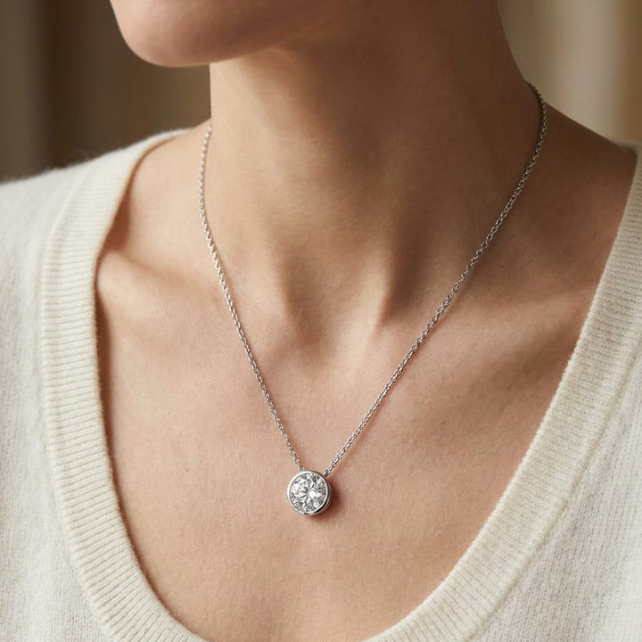 Natural Diamond Round Brilliant Solitaire Pendant in 14K White Gold, 4 ct. t.w., worn close-up portrait
