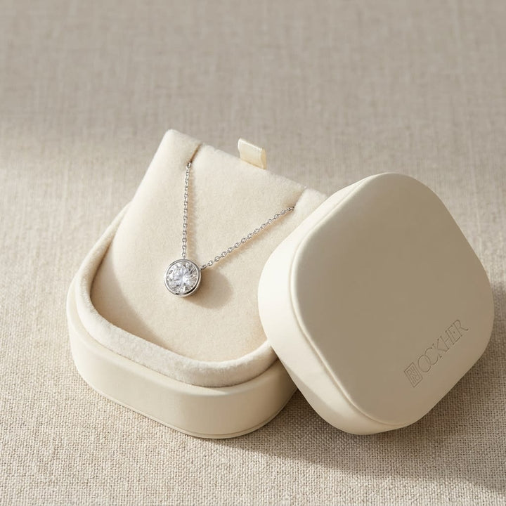 Natural Diamond Round Brilliant Solitaire Pendant in 14K White Gold, 4 ct. t.w., in navy velvet jewelry box