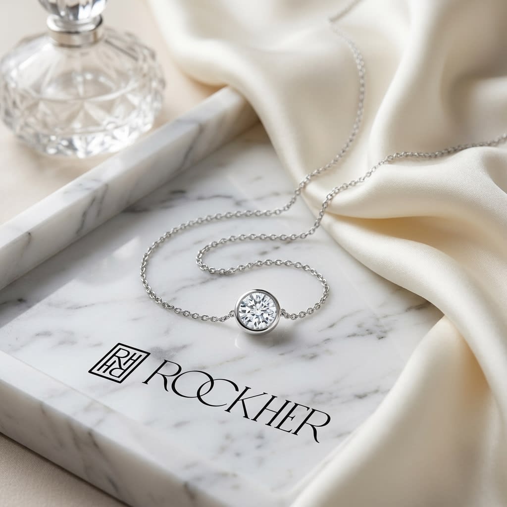 Natural Diamond Round Brilliant Solitaire Pendant in 14K White Gold, 2 ct. t.w., on marble vanity tray with silk