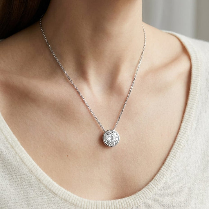Natural Diamond Round Brilliant Solitaire Pendant in 14K White Gold, 2 ct. t.w., worn close-up portrait