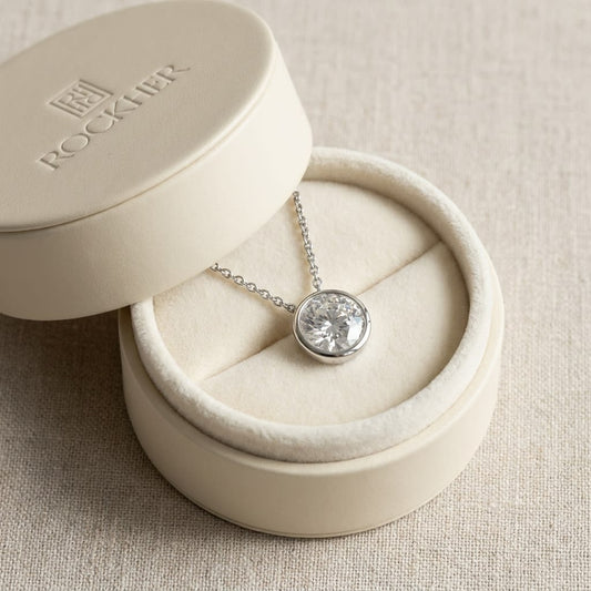 Natural Diamond Round Brilliant Solitaire Pendant in 14K White Gold, 2 ct. t.w., in navy velvet jewelry box