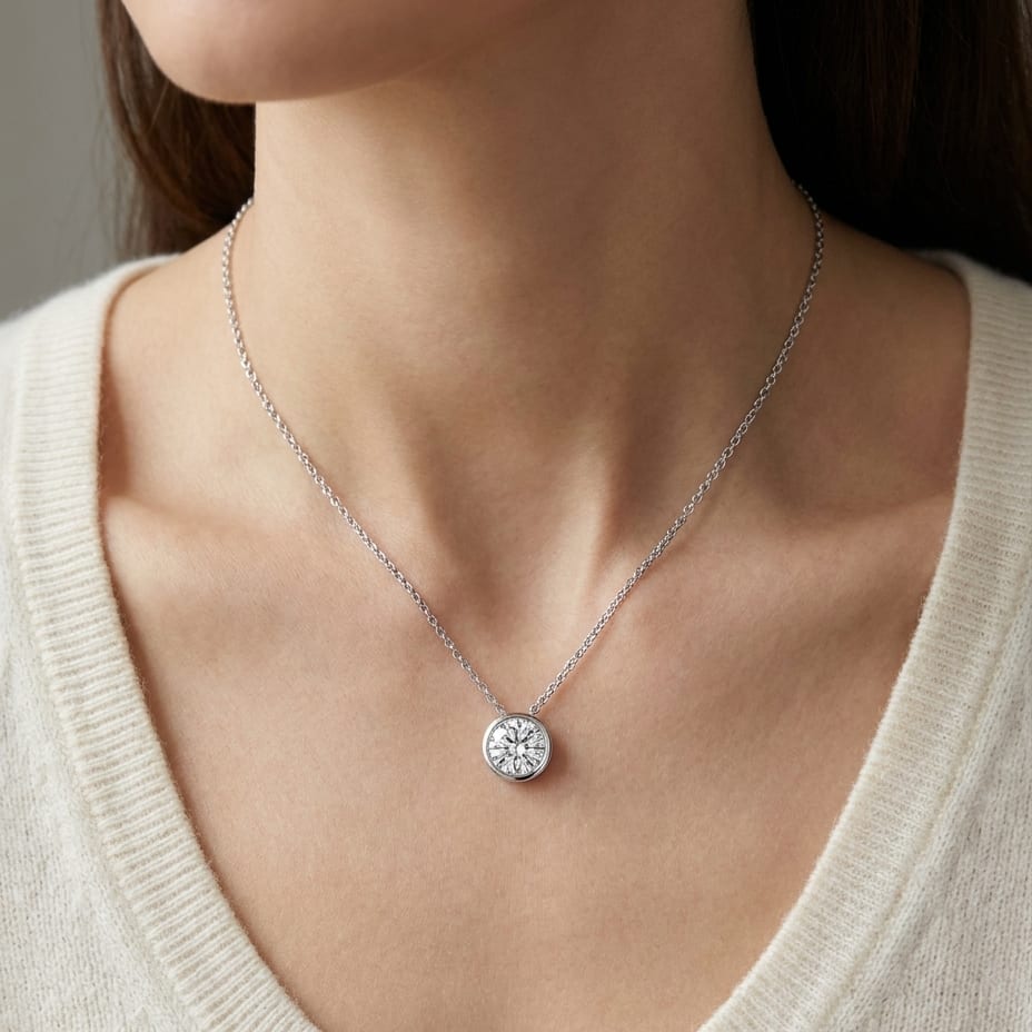 Natural Diamond Round Brilliant Solitaire Pendant in 14K White Gold, 4 ct. t.w., worn close-up portrait