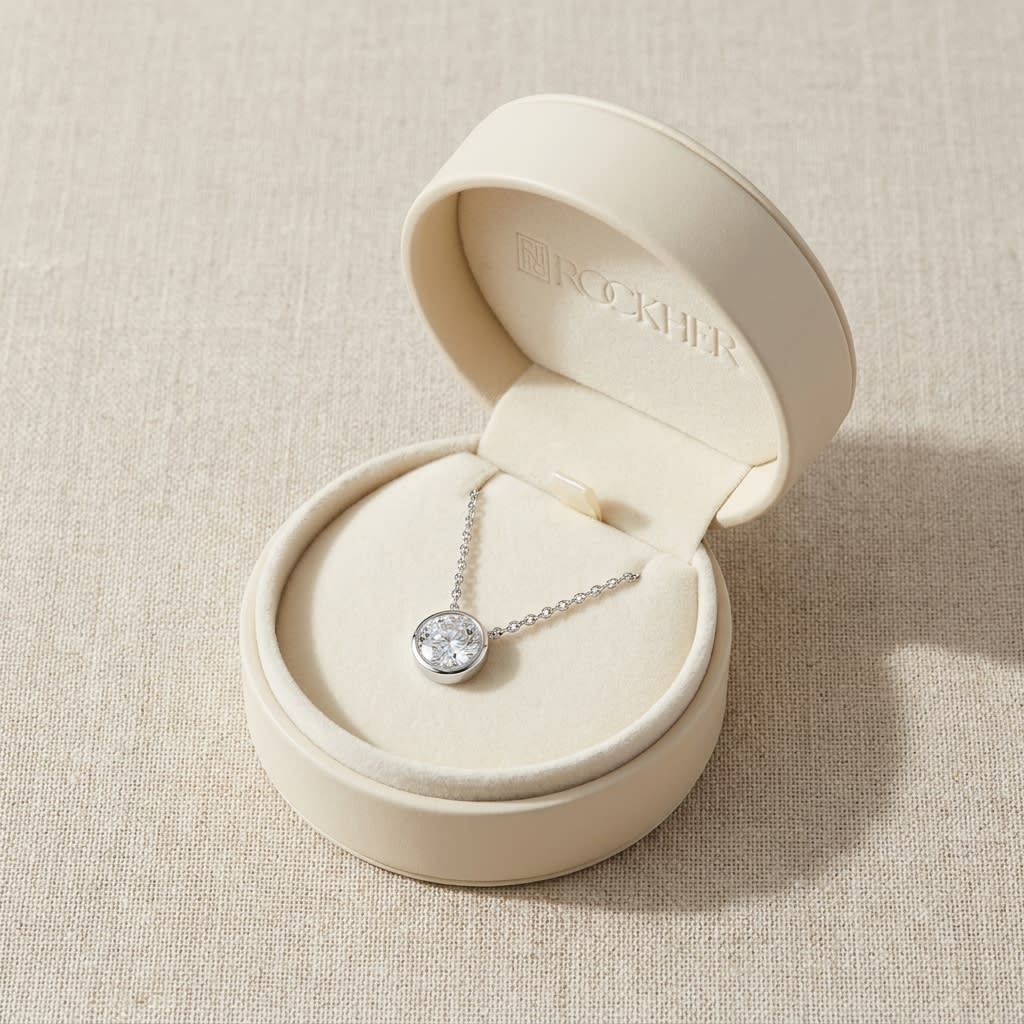 Natural Diamond Round Brilliant Solitaire Pendant in 14K White Gold, 4 ct. t.w., in navy velvet jewelry box