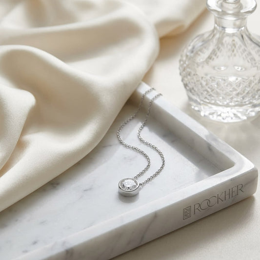 Natural Diamond Round Brilliant Solitaire Pendant in 14K White Gold, 1 ct. t.w., on marble vanity tray with silk