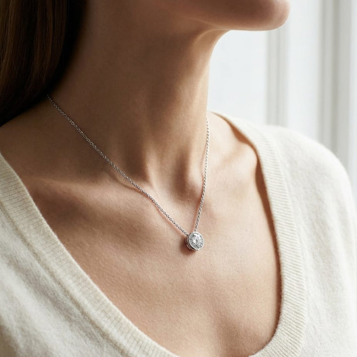 Natural Diamond Round Brilliant Solitaire Pendant in 14K White Gold, 1 ct. t.w., worn close-up portrait