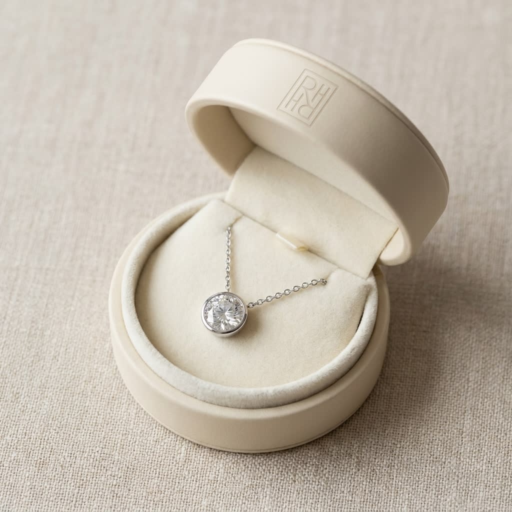 Natural Diamond Round Brilliant Solitaire Pendant in 14K White Gold, 1 ct. t.w., in navy velvet jewelry box