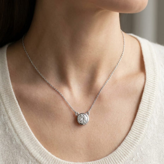 Natural Diamond Round Brilliant Solitaire Pendant in 14K White Gold, 4 ct. t.w., worn close-up portrait