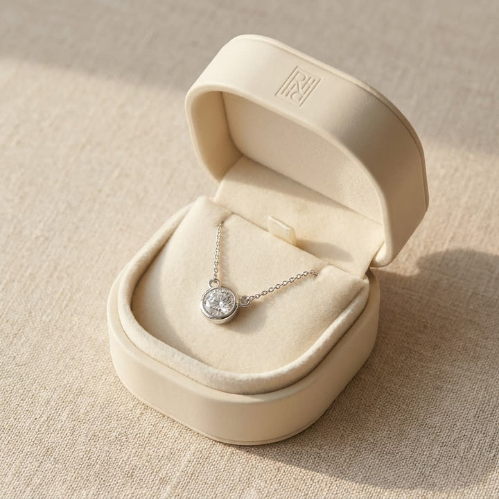 Natural Diamond Round Brilliant Solitaire Pendant in 14K White Gold, 4 ct. t.w., in navy velvet jewelry box