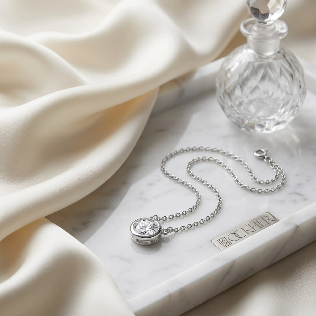Natural Diamond Round Brilliant Solitaire Pendant in 14K White Gold, 2 ct. t.w., on marble vanity tray with silk